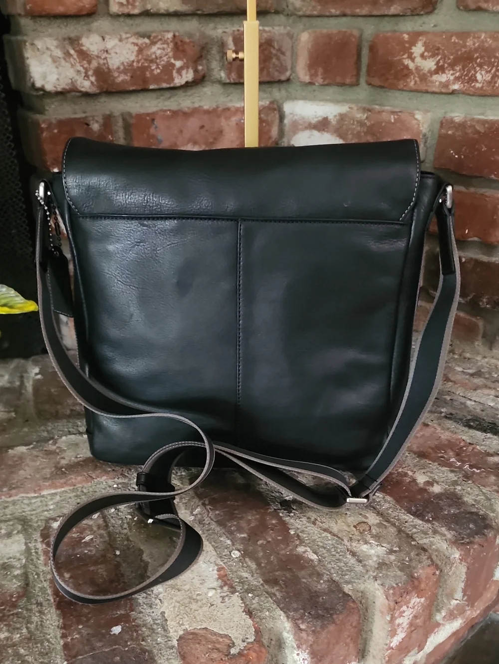 Coach Black Leather Men's Messenger Bag with Striped Strap